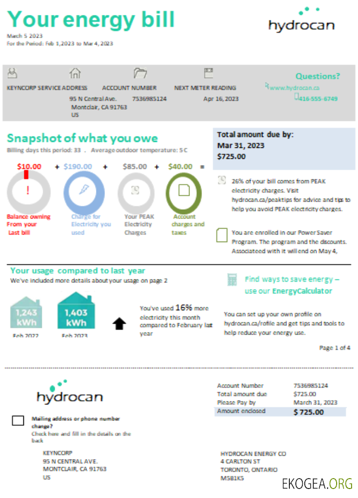 Facture commerciale d'électricité d'Ontario Hydrocan, SCR